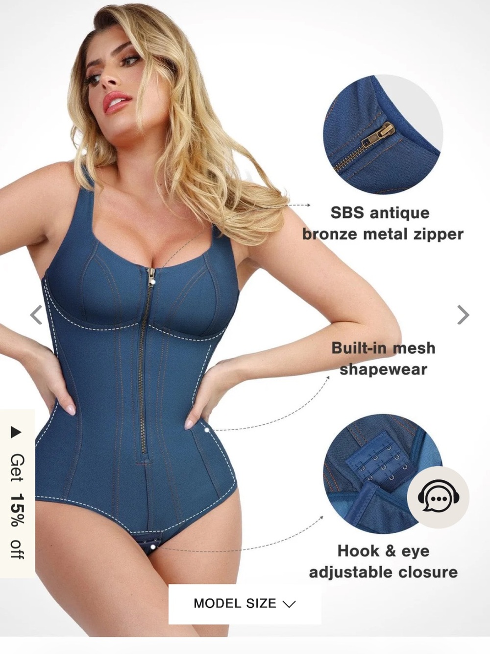 Popilush Women's denim Blue Zip-Front Shapewear Denim Tummy Control Control